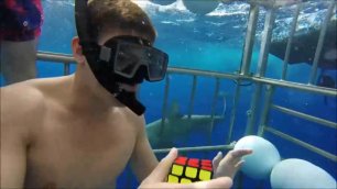 Собрал кубик Рубика за 15 секунд. Под водой. С акулами