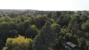 Съемка с дрона от берега реки вперед в лес. Деревенские дома.
