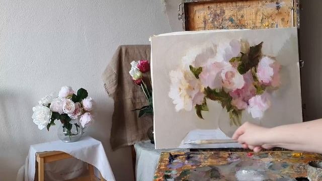 Как написать пионы. Работа на цветовых нюансах. Живопись маслом.