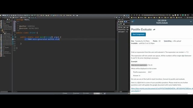 Postfix Java assignment (part 1, main class and setup) | Data Structures and Algorithm Analysis Lab