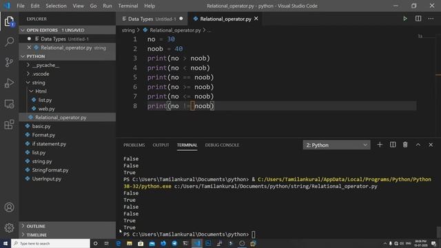 Python Tutorial - Python for Beginners | Python 3.8 | Relational Operator | Tamil | Noob Media