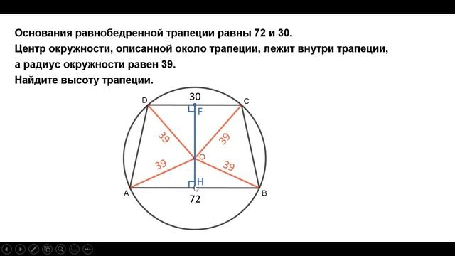 Основания равнобедренной трапеции равны 72 и 30. Центр окружности, описанной около трапеции... (ЕГЭ