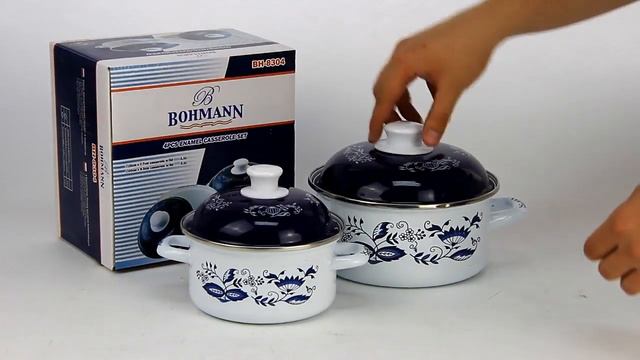 Обзор «Набор кастрюль "Bohmann" с крышками, цвет: белый, синий, 4 предмета» смотреть онлайн