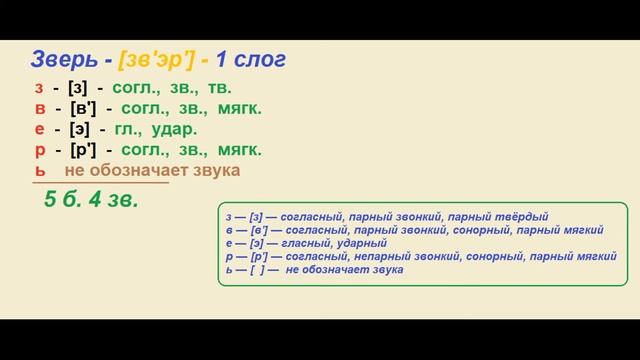 Звуко – буквенный (фонетический) разбор к слову Зверь