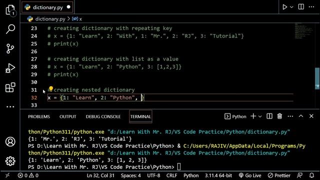 Data Types in Python Dictionary Practice Part 2 (Repeating Key, Adding Element etc.) @LearnWithMrRJ
