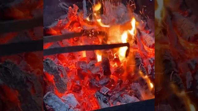 Барбекю во дворе, готовим мясо на мангале.