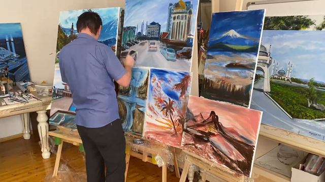Пишем сразу7картин маслом на холсте, Шатой,ст.Ахмат,Урус-Мартан,КресентФолс,Бали,Фудзияма,Ассинибой
