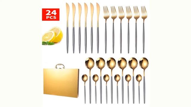 Набор домашних столовых приборов, комплект золотистой посуды из нержавеющей стали, 24 шт., с смотреть онлайн