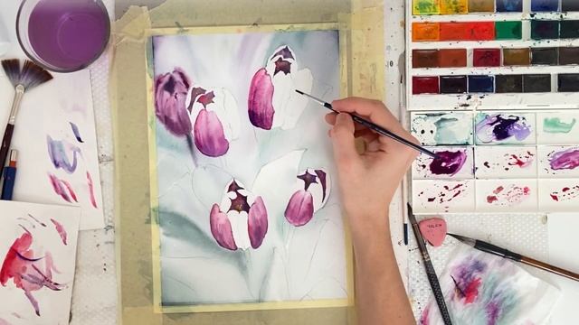 Рисуем акварель тюльпаны . Watercolor art смотреть онлайн