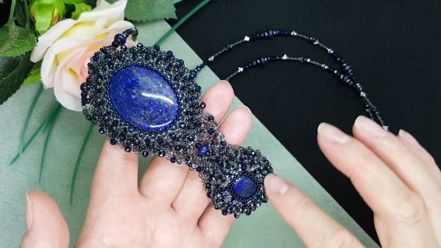 Колье из бисера и бусин, Ажурное плетение. Lapis lazuli necklace, beaded weaving. Handmade work.