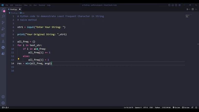 Python code to demonstrate the  Least Frequent Character in the naive String method. #python