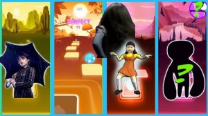 Wednesday Adams + Megan M3gan + Squid game doll + Secret character Tiles Hop EDM Rush!