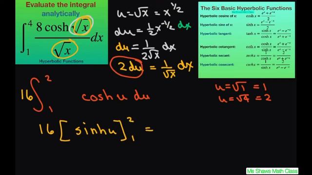 Evaluate the Integral (8 cosh sqrt(x))/sqrt(x) dx over [1, 4]. Hyperbolic functions смотреть онлайн