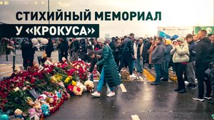 Люди возлагают цветы к стихийному мемориалу  у «Крокус Сити Холла» — видео