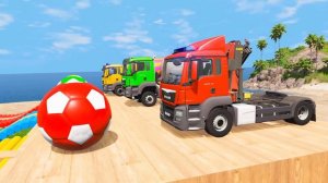 Flatbed Trailer Cars Transportation with Truck Rescue Bus - Cars vs Slide Color - BeamNG Drive