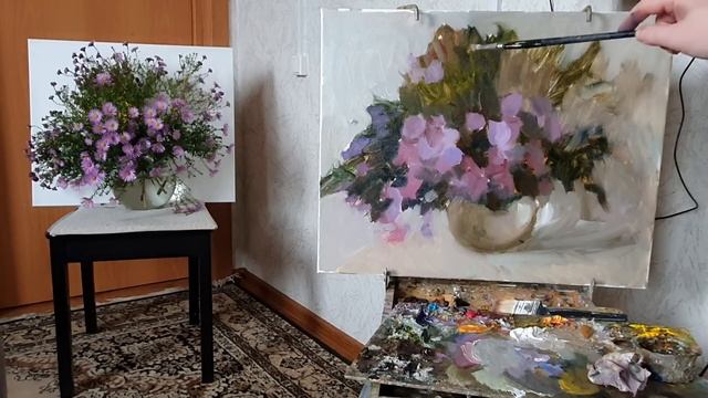 Альпийские астры. Живопись маслом.