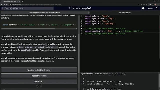 JavaScript Basic 38: Word Blanks | FreeCodeCamp | JS Algorithms and Data Structures