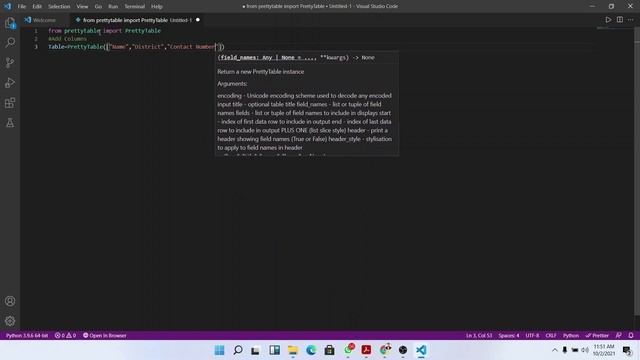 Create a simple table using PrettyTable Python Library
