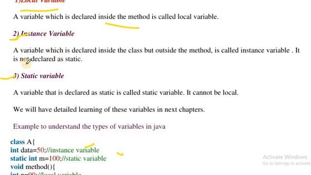 Variable & Type of variable in java Hindi