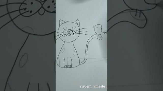 Рисуем Котика с птичкой?⬛#рисование #арт #рисуем #рисуемвместе