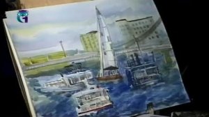 Уроки рисования (# 43) акварелью. Рисуем реку, по которой плывут корабли и парусник
