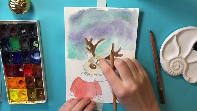 Рисунок к Новому году акварелью. Олень и северное сияние