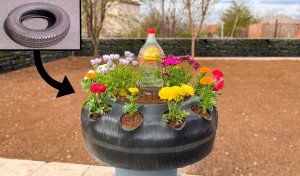 Цветник из вывернутой шины для дачи, сада или городского двора