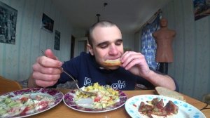 МУКБАНГ/АСМР МЯСО - ЖАРЕНАЯ СВИНИНА с КАРТОШКОЙ/САЛАТ ОВОЩНОЙ/КЕТЧУП/УЖИН// EATING/ASMR/Mukbang#258