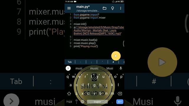 Playing a music file in Pydroid3|No 1|Music player with Python|@binarycup|@shivamstudio6662