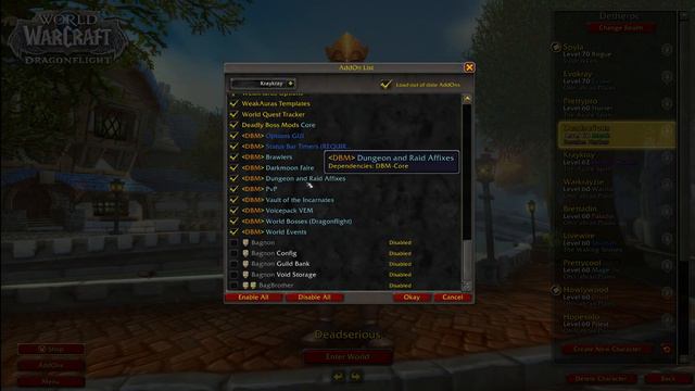 WoW DragonFlight How To Setup Addons For Each  Character OR Choose ALL From Character Select!