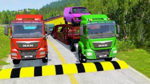 Double Flatbed Trailer Truck vs Speedbumps | Train vs Cars | Tractor vs Train | BeamNG.Drive #118