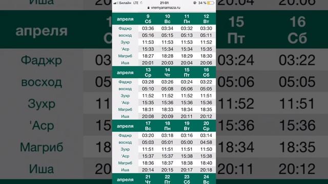 Время намаза Махачкала -Апрель 2022 ( с 9 по 20 число) смотреть онлайн