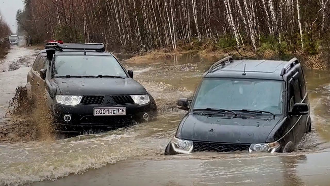 Затопленный лес. УАЗы, Нивы и Mitsubishi Pajero штурмуют глубокие лужи. смотреть онлайн