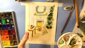 Новогодний рисунок акварелью и карандашами. Кролик с морковным тортом у камина. Символ года