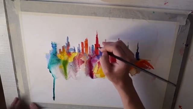 Как легко нарисовать картину акварелью, город с подтеками смотреть онлайн