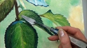 Как рисовать розу? Как быстро сделать прожилки на листьях мастихином. Всего одна деталь.