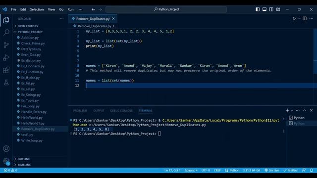 Remove duplicate elements from list in python using set