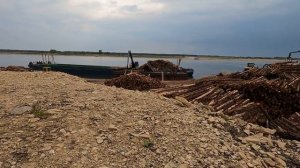 Разгрузка баржи на реке Северная Двина. Березник. Русский север.