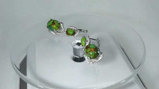 Серьги с натуральной зеленой купер бирюзой Серебро 925