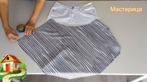 Переработка джинсовых брюк в юбку из салфеток