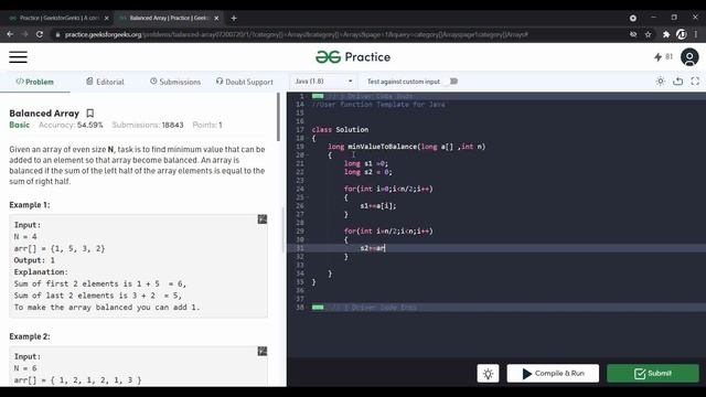 Balance Array || Geeks For Geeks || Arrays in Java