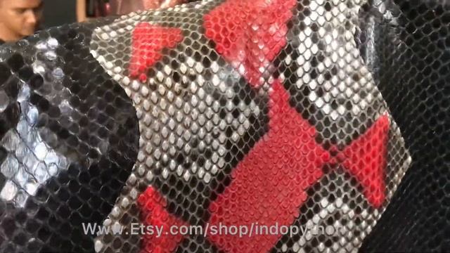 Black and red python leather, Diamond python skin, multicolor snake skin, snake leather