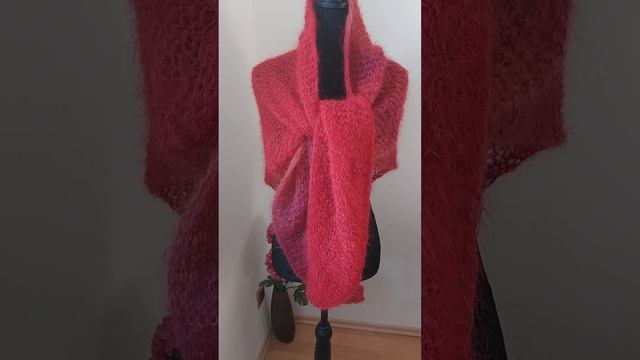 Dreieckstuch handgestrickt Pink, Orange, Fuchsia, Schal Mohair Seide Merinowolle