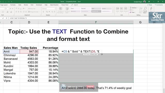 Excel in Hindi- How to use TEXT function  #SkrLearningPoint