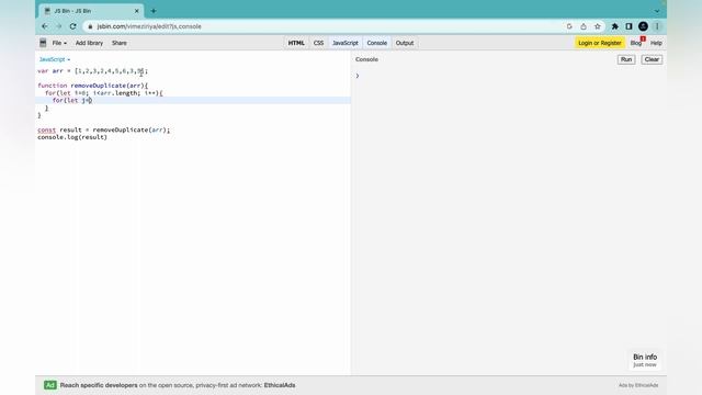 Removing Duplicate Elements from Array using for loop in JS | Array Coding Questions