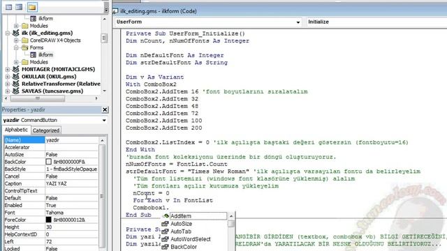 COREL VBA FORM ve KOD GELISTIRME