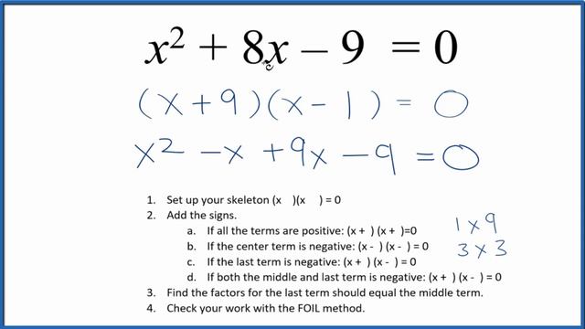 How to Solve x^2 + 8x - 9 = 0 by Factoring смотреть онлайн
