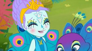 cartoon bird and girl tickled