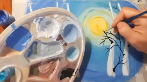 Как нарисовать березы и первый снег поэтапно. Рисуем зимний пейзаж легко красками гуашь.