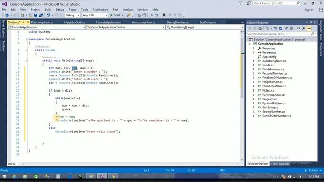 C# Program to Compute Quotient and Remainder without using division(/, %) operator | Interview Poin